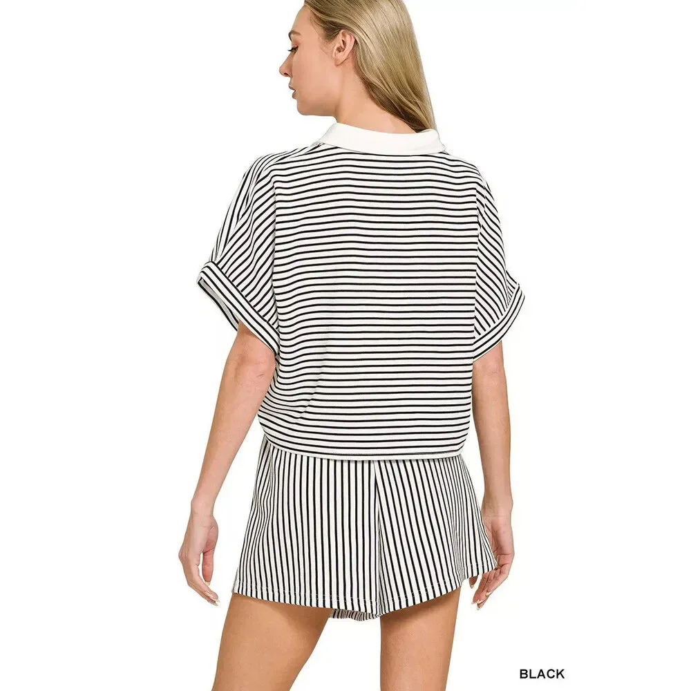 Zenana Striped Collared Top & Shorts Set